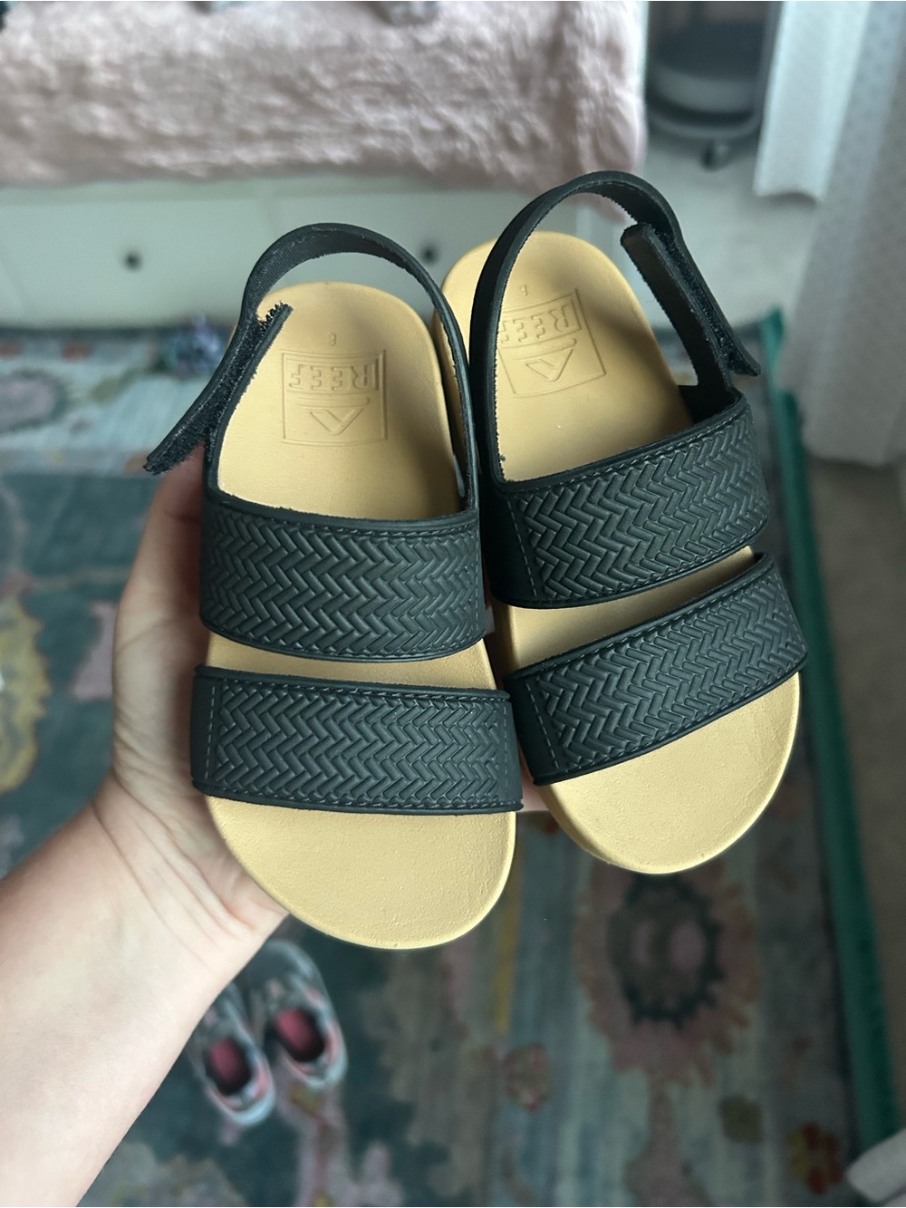 Reef Kids Black Strap Sandals with Beige Footbed